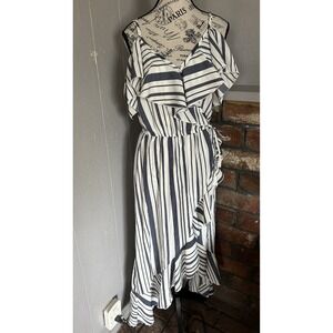 Women's Hint Of Blush Blue White Striped Wrap Dress Ruffles Size L Nautical